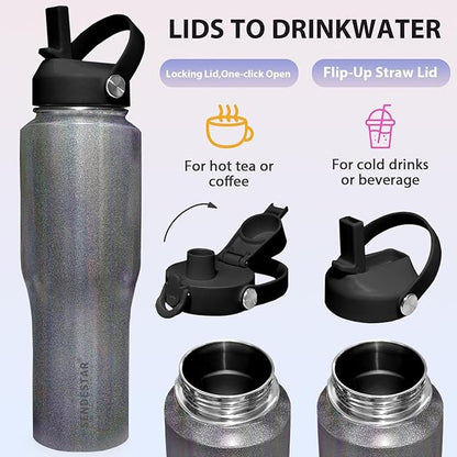 SENDESTAR 40oz Stainless Steel Water Bottle(Cold for 48 Hrs, Hot for 24 Hrs),Double Wall Vacuum Insulated Bottle with Straw Lid, Spout Lid and Flex Cap, Fit in Any Car Cup Holder TXIN-40-Laser Grey