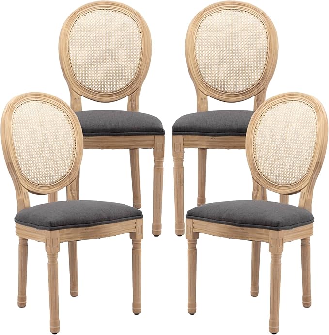 French Country Dining Chairs Set of 4, Vintage Wooden Dining Chairs with Fabric Upholstered Seat&Rattan Oval Backrest,Solid Wood Legs&Frame, Farmhouse Kitchen&Living Room Chairs(Gray,4 Pcs)