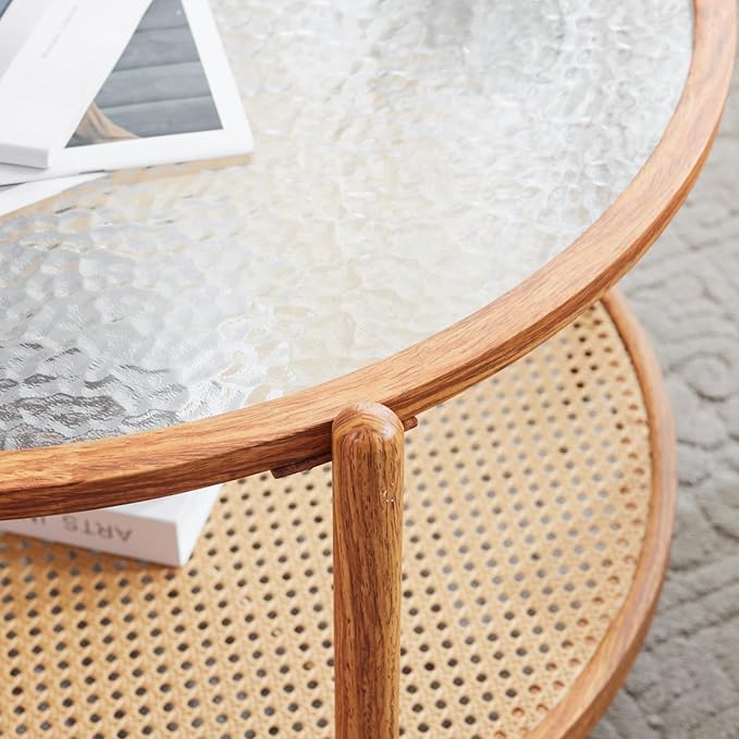 VINGLI 30" Rattan Coffee Table, Round Water-Wave Glass Metal Center Table, Modern Coffee Table with 2-Tier Storage, Farmhouse Circular Coffee Tables for Living Room and Small Space, Natural Vibe