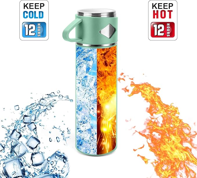Stainless Steel Thermo 700ml/23.7oz Vacuum Insulated Bottle with Cup for Coffee Hot drink and Cold drink water flask.(Green,Set)