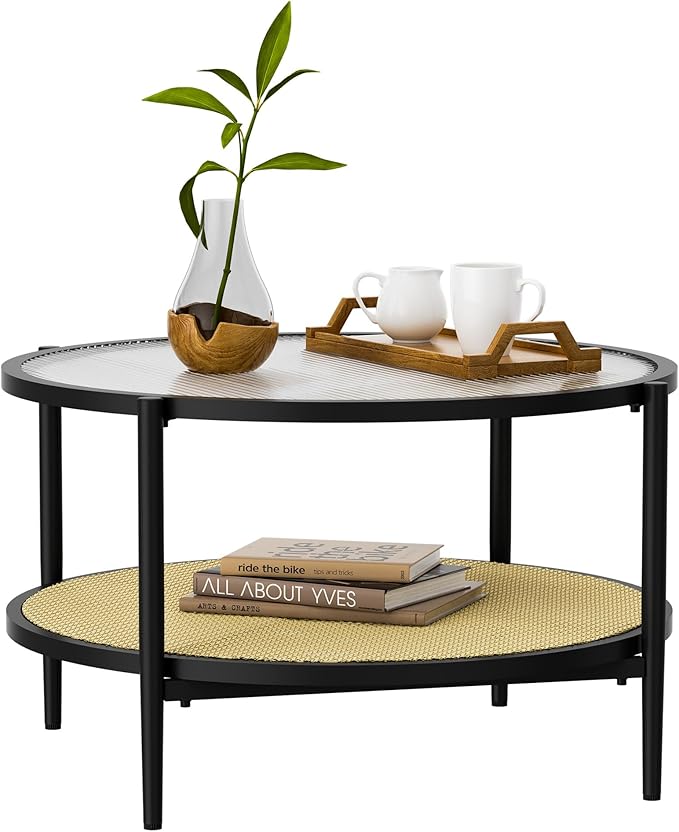 29.5" Round Coffee Table, Black Rattan & Glass 2-Tier Modern Boho Side Table for Living Room, Mid Century Accent Table with Lower Shelf 29.5" D x 16.5" H