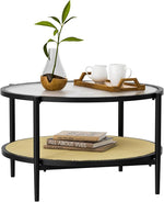 Load image into Gallery viewer, 29.5" Round Coffee Table, Black Rattan &amp; Glass 2-Tier Modern Boho Side Table for Living Room, Mid Century Accent Table with Lower Shelf 29.5" D x 16.5" H
