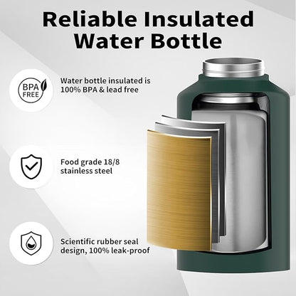 2/3 Gallon Water Bottle Insulated(Cold for 48 Hrs),BPA Free&Leak Proof,87oz Stainless Steel Water Jug/Flask,Big thermo,Large Water Bottle with Handle for Gym,Hiking,Camping,Dark Green