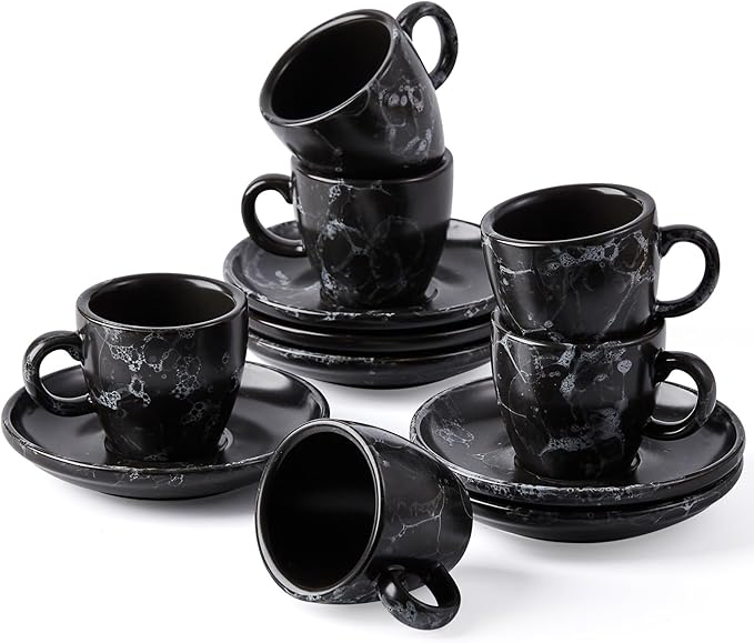 SIDUCAL Espresso Cups Set of 6,2 Ounce Ceramic Coffee Cups with Saucers,Porcelain Double Espresso Shot Cup Set,Gift Box for Boyfriend Gift(Black)