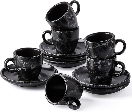 SIDUCAL Espresso Cups Set of 6,2 Ounce Ceramic Coffee Cups with Saucers,Porcelain Double Espresso Shot Cup Set,Gift Box for Boyfriend Gift(Black)