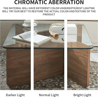 31.5" Glass Coffee Table, MDF Mid-Century Modern Square Coffee Table with Tempered Glass Top, Square Center Tables for Small Space Living Room Office Apartment, Walnut