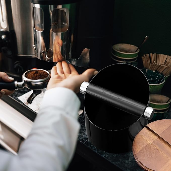 Espresso Knock Box with Walnut Lid for Coffee Grounds, Espresso Machine Accessory, Easy Disposal of Coffee Pucks, Removable Knock Bar(Black)
