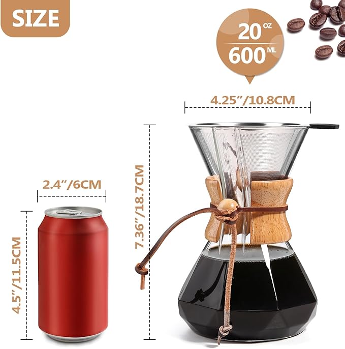 Pour Over Coffee Maker 20 OZ, 6 Cup Borosilicate Glass Drip Coffee Maker with Reusable Stainless Steel Filter and Cork Grip for Home Café 600 ML (Diamond Shape)
