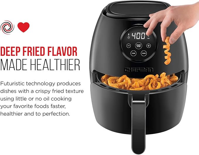 CHEFMAN Small Air Fryer Healthy Cooking, 3.6 Qt, User Friendly, Nonstick, Digital Touch Screen, Dishwasher Safe Basket, w/ 60 Minute Timer & Auto Shutoff, Matte Black, Cookbook Included