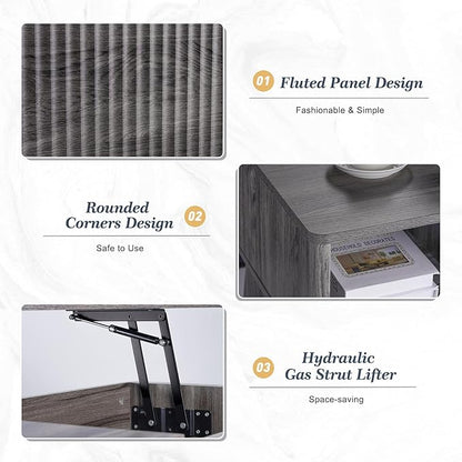 LYNCOHOME Fluted Lift Top Coffee Table with Storage,Modern Center Table for Living Room, Home Office（Grey）