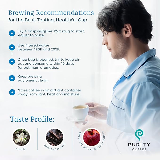 Purity Coffee CALM Decaf Ground Coffee - Natural Water Decaffeinated Coffee - USDA Organic and Third-Party Tested for Antioxidants, Mold, Mycotoxins and Pesticides - 12oz (Purity Calm, medium_roast) | Ground| CALM