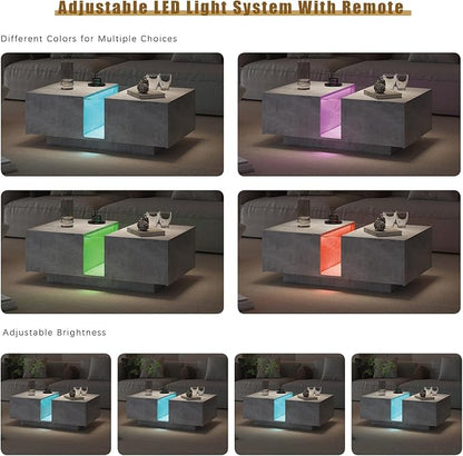 Grey Led Coffee Table for Living Room, Rectangular Living Room Table with Storage, Acrylic Coffee Tables with 2 Sliding Drawers, Wood Center Table for Reception Dinning Room