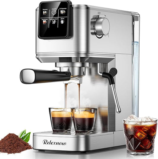 Espresso Machine, 20 Bar Espresso Maker Milk Frother & LCD Panel, Hot & Iced with Rapid Cold Brew, Stainless Steel Espresso Coffee Machine with 41oz Water Tank for Cappuccino, Latte