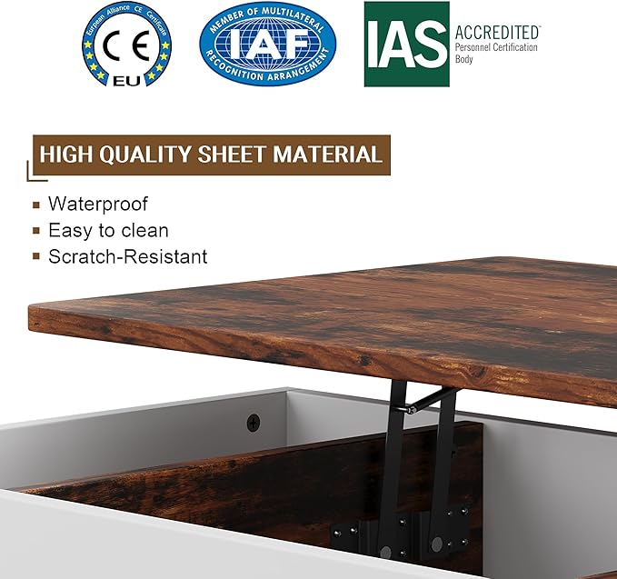 Shintenchi Coffee Table, Lift Top Coffee Table with Hidden Compartment, Rising Tabletop Dining Table, Lift Top Coffee Center Table for for Living Room, Office, Home (Rustic Brown)