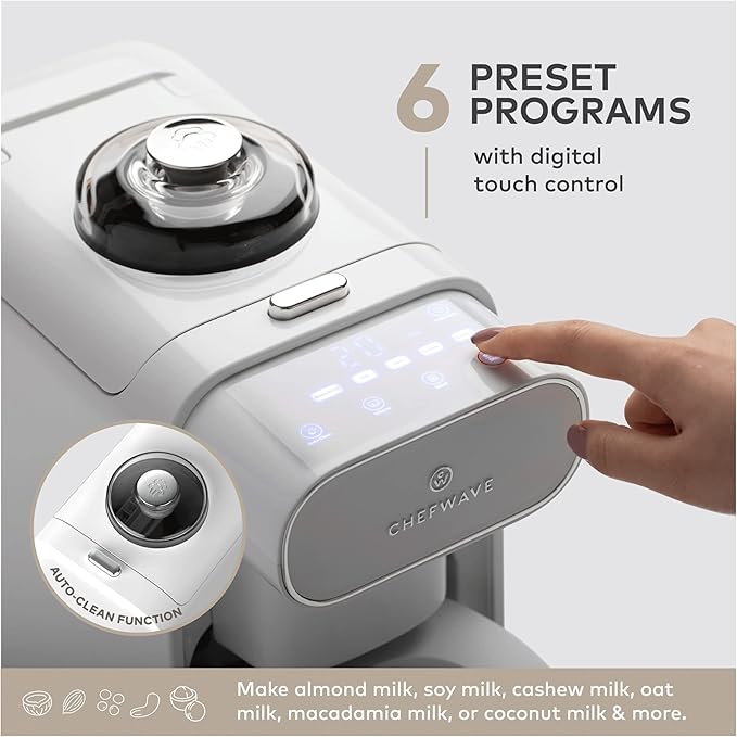 ChefWave Milkmade Non-Dairy Milk Maker – 6-in-1 Plant-Based Milk Machine for Almond, Oat, Soy, Cashew, Coconut & Macadamia – No Soaking, Auto-Clean, Delay Start, Glass Pitcher – White