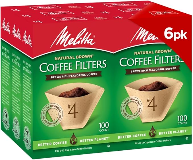 Melitta #4 Cone Coffee Filters, Natural Brown, 100 Count, Pack of 6