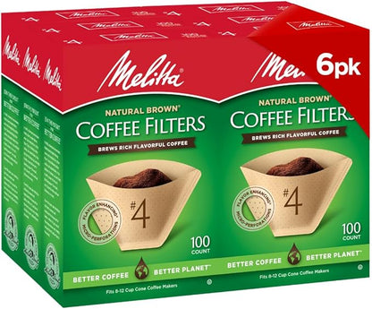 Melitta #4 Cone Coffee Filters, Natural Brown, 100 Count, Pack of 6