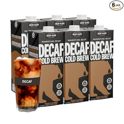 Wandering Bear Decaf Cold Brew Coffee, 32 fl oz, 6 pack - Extra Strong, Bold, Smooth, Unsweetened, Shelf-Stable, Ready to Drink, Iced Cold Brewed Coffee Drinks - Gluten Free & Vegan Decaf