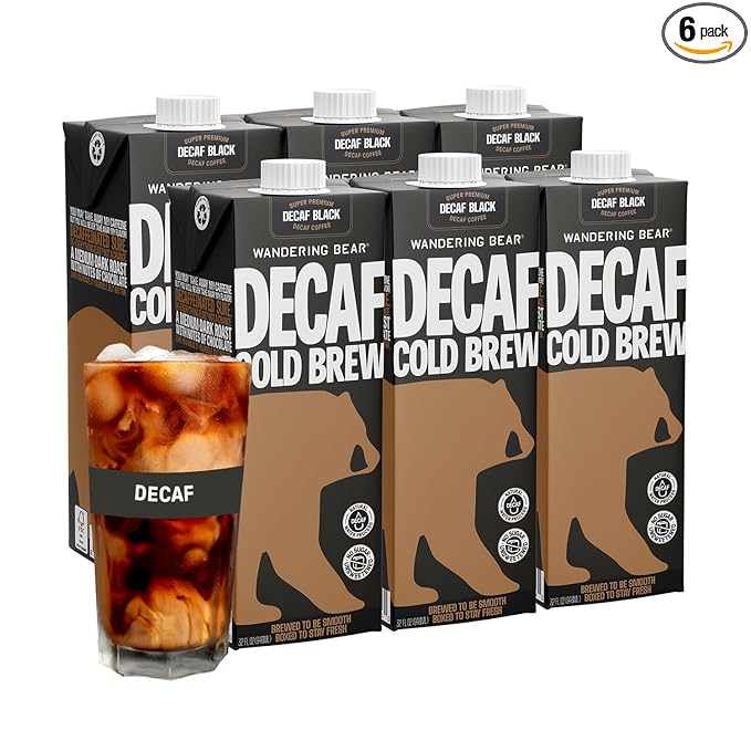Wandering Bear Decaf Cold Brew Coffee, 32 fl oz, 6 pack - Extra Strong, Bold, Smooth, Unsweetened, Shelf-Stable, Ready to Drink, Iced Cold Brewed Coffee Drinks - Gluten Free & Vegan Decaf