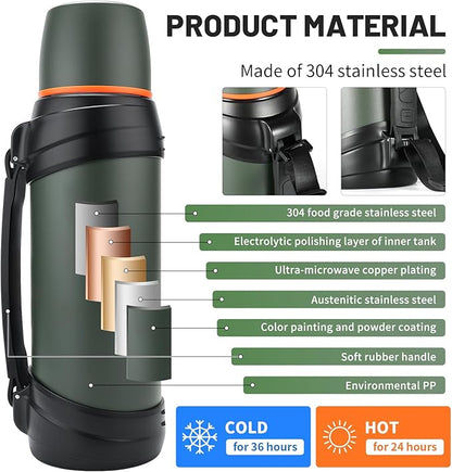 Large Thermosflask- 85oz Stainless Steel Insulated Bottle for Travel with BPA Free Cup - 2.5L Oversized Vacuum Insulated Thermoses with Handle and Strap for Hot & Cold Drinks(Green)