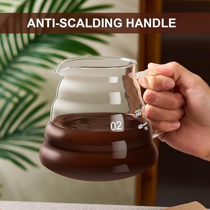 Pour Over Coffee Maker Set 20 OZ, Borosilicate Glass Coffee Server with 50 pcs V60 Paper Filter, Pour Over Coffee Dripper Carafe for Home Cafe Restaurant Camping