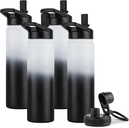 DOMICARE Insulated Water Bottle, 22 oz Vacuum Insulated Stainless Steel Reusable Sports Bottle with Straw Lid & Spout Lid for Travel, Camping, Bike, Leakproof, Black/White, 4 Pack