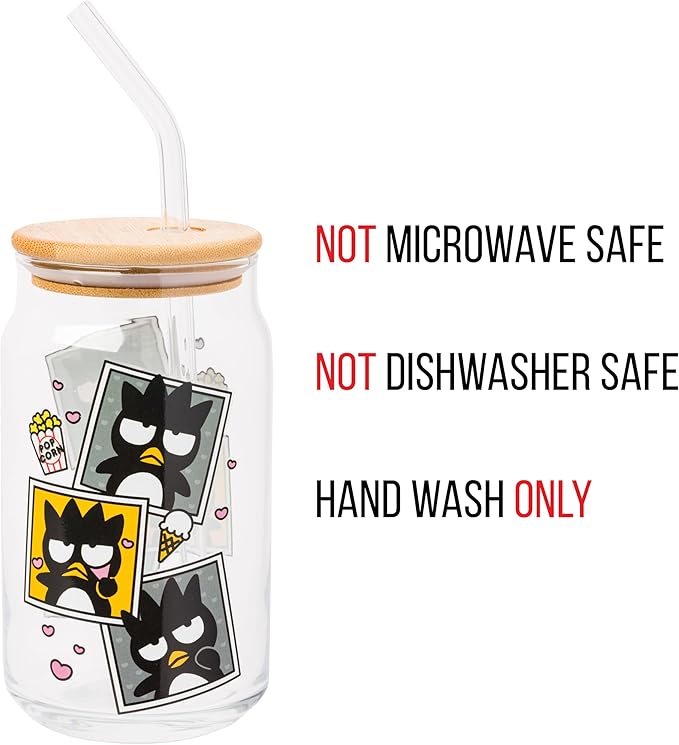 Silver Buffalo Sanrio Hello Kitty and Friends Badtz-Maru Polaroids Glass Jar Tumbler with Bamboo Lid and Glass Straw, 16 Ounces