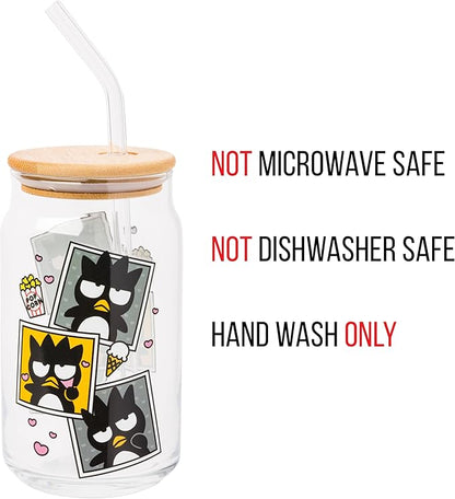 Silver Buffalo Sanrio Hello Kitty and Friends Badtz-Maru Polaroids Glass Jar Tumbler with Bamboo Lid and Glass Straw, 16 Ounces