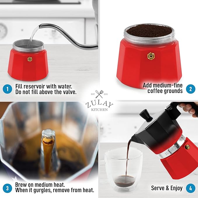 Zulay Classic Stovetop Espresso Maker for Great Flavored Strong Espresso, Classic Italian Style 3 Espresso Cup Moka Pot, Makes Delicious Coffee, Easy to Operate & Quick Cleanup Pot (Red/Black)