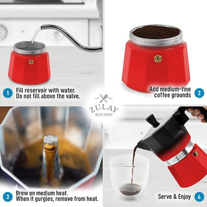 Zulay Classic Stovetop Espresso Maker for Great Flavored Strong Espresso, Classic Italian Style 3 Espresso Cup Moka Pot, Makes Delicious Coffee, Easy to Operate & Quick Cleanup Pot (Red/Black)