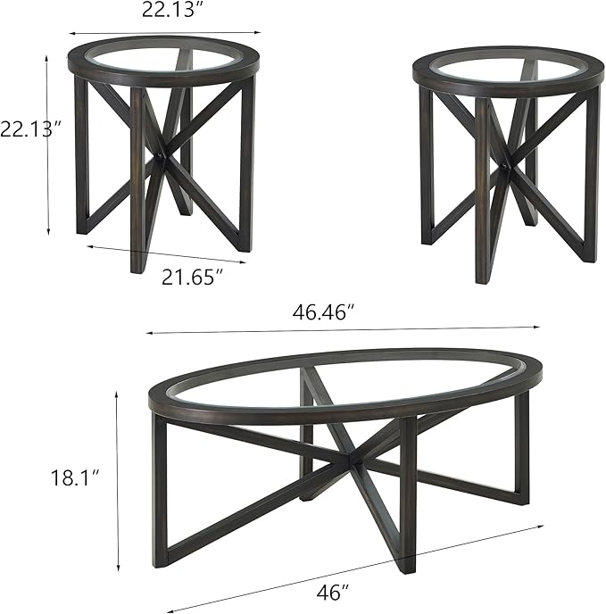 Wooden Coffee Table End Table Sets of 3 Oval Black Modern Living Room Table Set Tempered Glass Top Round Side Table, Black Brown