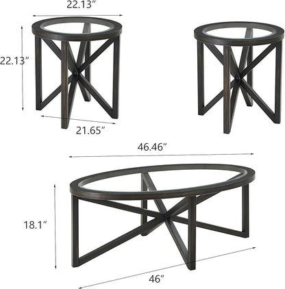 Wooden Coffee Table End Table Sets of 3 Oval Black Modern Living Room Table Set Tempered Glass Top Round Side Table, Black Brown