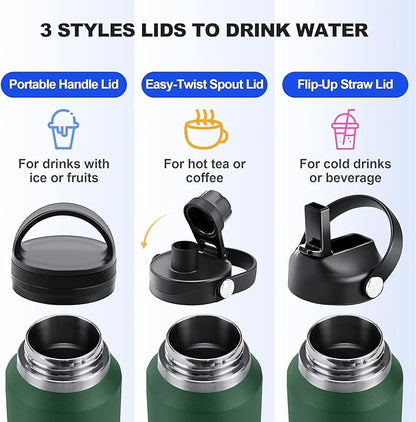 SENDESTAR 40oz Water Bottle Wide Mouth Stainless Steel Vacuum Insulated Double Wall with 2 Straw Lids Fit in Any Car Cup Holder TXIN-40-Dark Green
