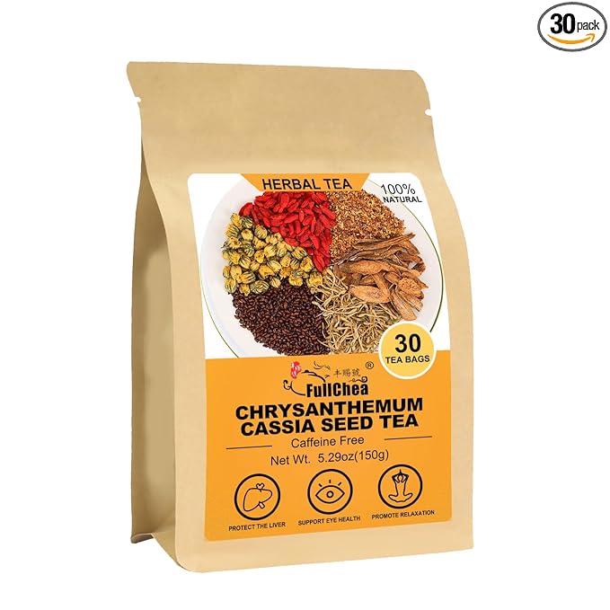 FullChea - Chrysanthemum Cassia Seed Tea Bag, 30 Pcs Teabags for Liver Detox Cleanse 5.29oz / 150g - Burdock Root, Goji Berries, Osmanthus, Dandelion, Licorice, Barley Chinese Herbal Tea