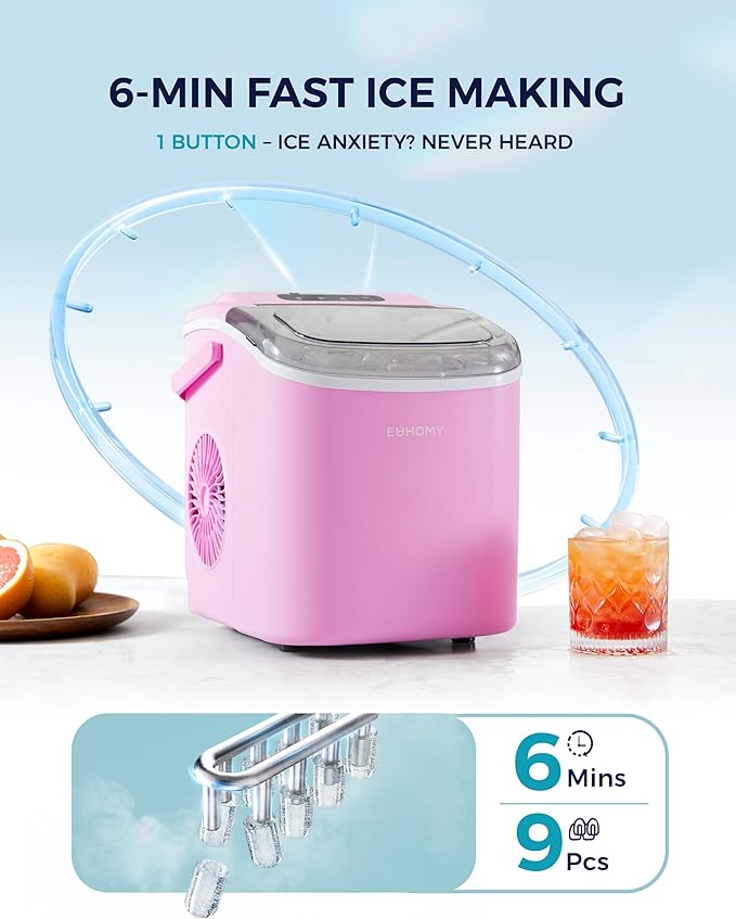 EUHOMY Countertop Ice Maker Machine with Handle, 26lbs in 24Hrs, 9 Ice Cubes Ready in 6 Mins, Auto-Cleaning Portable Ice Maker with Basket and Scoop, for Home/Kitchen/Camping/RV. (Pink)