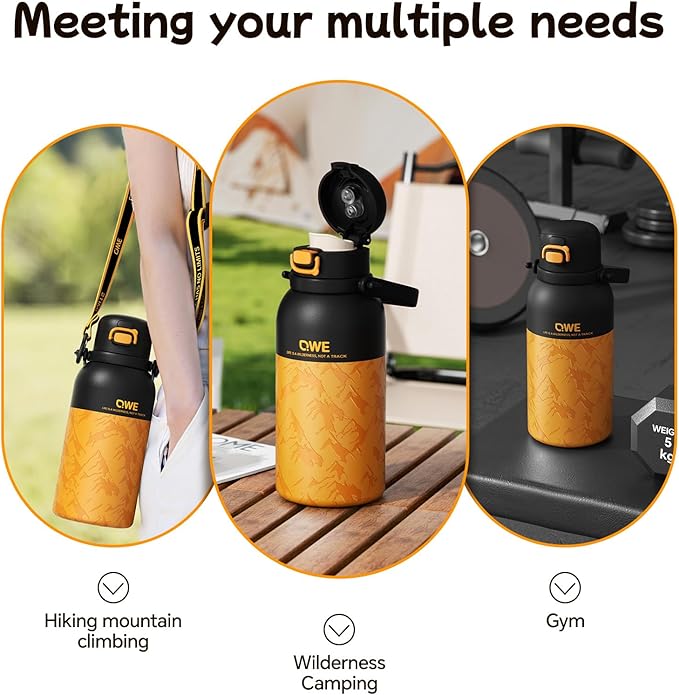 QWE Large Insulated Water Bottle with Straw&Lids,1200ml/40oz Vacuum Sealed Sport Bottles,Double Drinking,Stainless Steel Tumbler with Handle,LeakProof,BPA-Free,for Hiking,Gym,camp (Mountain Orange)