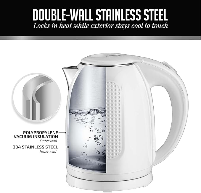 OVENTE Electric Kettle, 1.7L Double Wall Stainless Steel Insulated Water Boiler & Heater for Coffee or Tea, 1100W Fast Boiling with Auto Shut-Off, Boil-Dry Protection & Secure Locking Lid, White KD64W
