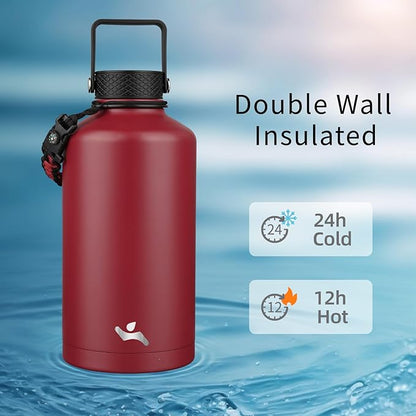 Insulated Water Bottle with Straw,87 oz 3 Lids Water Jug with Carrying Bag,Paracord Handle,Double Wall Vacuum Stainless Steel Metal Flask,Dark Red