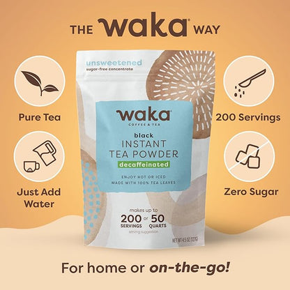 Waka Instant Black Tea Mix Pouch, Decaffeinated - 100% Tea Leaves, No Additives, Unsweetened Tea Powder for 50 Quarts or 200 Cups – Easy Quick Hot and Iced Teas (4.5oz)