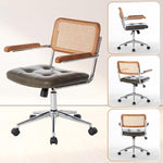 Load image into Gallery viewer, Genuine Leather Rattan Office Chairs, Modern Rattan Desk Chair with Natural Back &amp; Wood Armrest, Small Upholstered Tufted Cowhide Home Office Desk Chairs for Home Office, Bedroom, Study, Olive Green