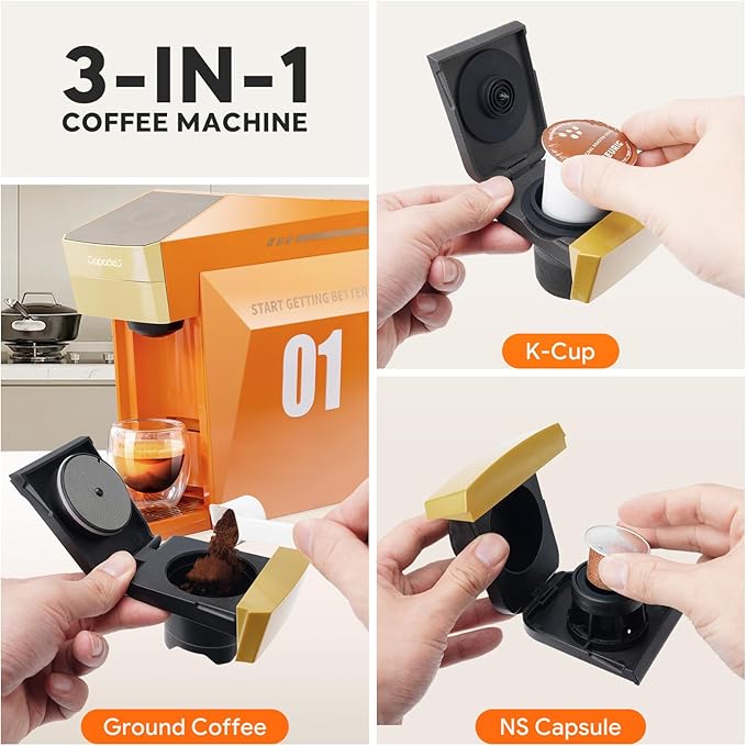 3 in 1 Single Serve Coffee Maker,Fast Brew in 1 minute 19Bar Pump Coffee Machine for K*Cup、NES*press and Ground Coffee,with 27oz Removable Water Reservior, Orange Espresso Coffee Machine