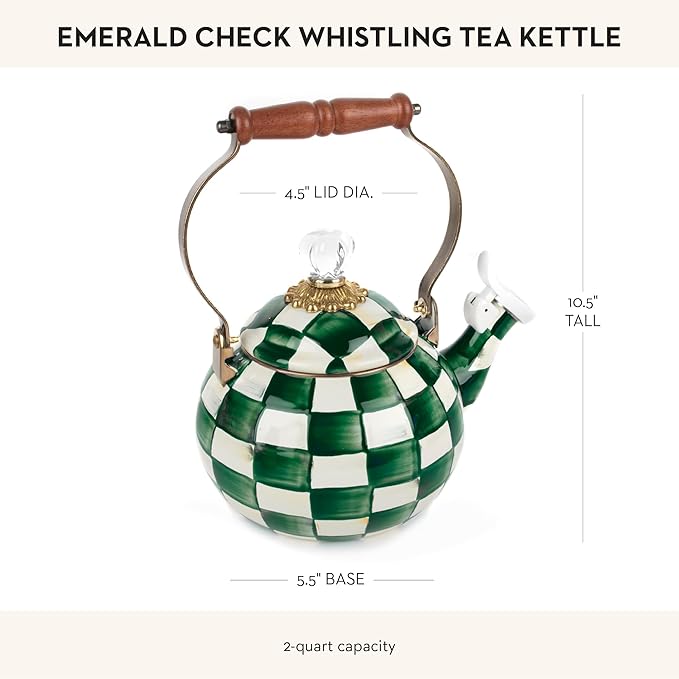 MACKENZIE-CHILDS Enamel Whistling Tea Kettle, Decorative Teapot, Green-and-White Emerald Check