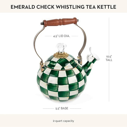 MACKENZIE-CHILDS Enamel Whistling Tea Kettle, Decorative Teapot, Green-and-White Emerald Check