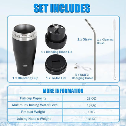 Ice Shave 2-in-1 Stainless Steel Vacuum Tumbler & Cordless Blender - 28oz, Leak Resistant, Cold 24Hrs/Ice 2 Days, 120 Watts with Waterproof Charging - For Smoothies, Home/Office/Car, Black