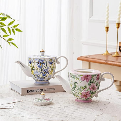 Flower Ceramic Teapot，28.7oz Blue Flower Teapot for Tea Party, Women's Gathering, Family Gathering (Pink)