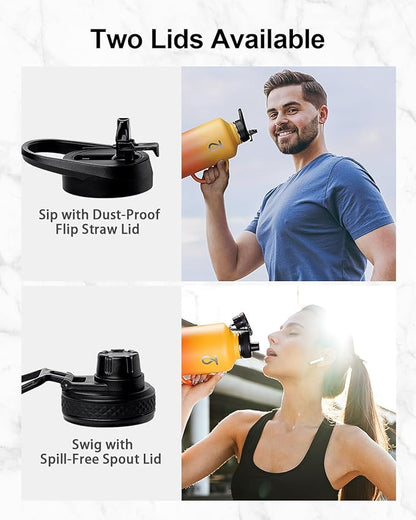 Trebo Half Gallon Water Bottle Insulated with Handle, 64 oz Double Wall Stainless Steel Metal Large Jug, Travel Flask with Straw Spout Lid, Mug Tumbler Cup with Carry Pouch, Keep Cold Hot, Orange