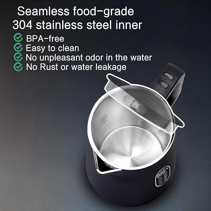 1.5L Electric Kettle Stainless Steel, Double Wall Cool Touch Teapot, Fast Boil,5 Temperature Control, LED Display, Auto Shut-Off, BPA-Free,Keep Warm Function, Ideal for Tea & Coffee,Black