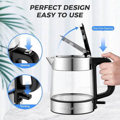LUUKMONDE Electric Kettle, 1L 1500W, Small Glass Tea Kettle, Hot Water Boiler with LED Indicator, Cordless Water Heater Kettle, BPA-Free, Fast Boiling, Auto Shut-Off, Boil-Dry Protection