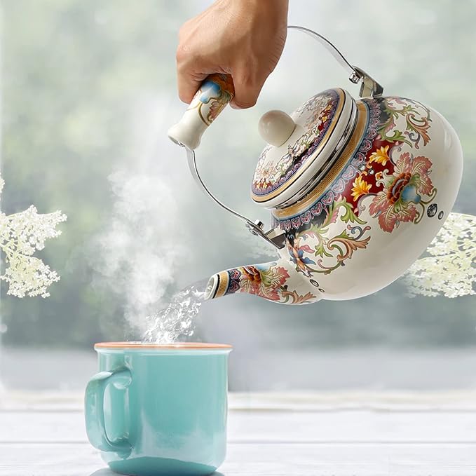 2.5L White Flowered Tea Kettle with Ceramic Handle, Floral Ceramic Enamel Teapot for Stovetop, No Whistle