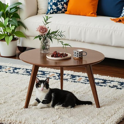 100% Solid Oak Wood Mini Coffee Table, Round Side Table w/Solid Wood Legs, Walnut Mid Century Coffee Table w/Sturdy Frame for Bedroom Balcony Living Room (29.53" D x 17.72" H)